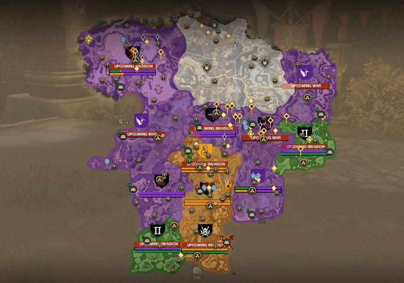 A screenshot of the map of Aeternum on the Delos server, showing faction control. There are 7 purple territories, 3 yellow and 2 green.