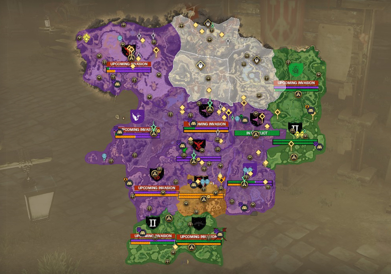 A screenshot of the map of Aeternum on the Delos server, showing faction control. There are 7 purple territories, 1 yellow and 4 green.