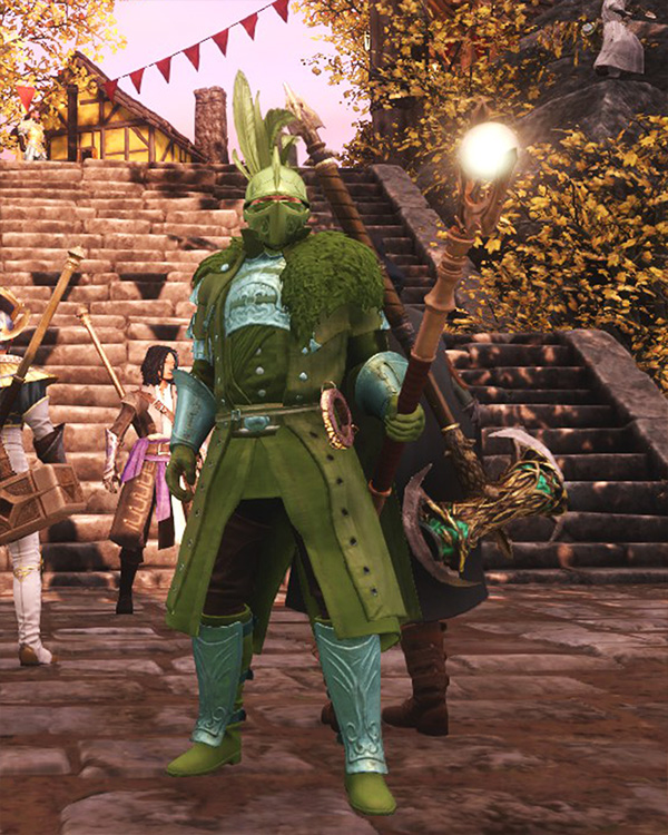 A New World player avatar wielding a life staff and wearing a green dyed outfit with interesting green metal details.