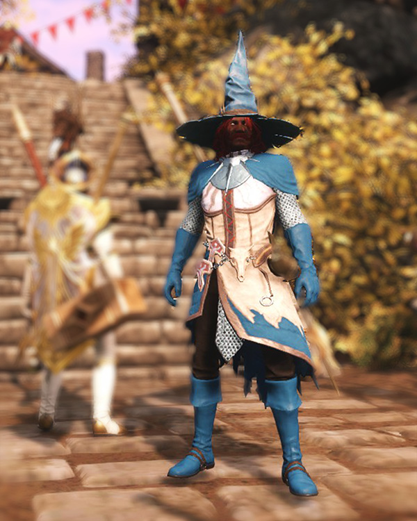 A player character standing in front of the stairs in Everfall, wearing a blue wizard's hat and matching tunic and boots.