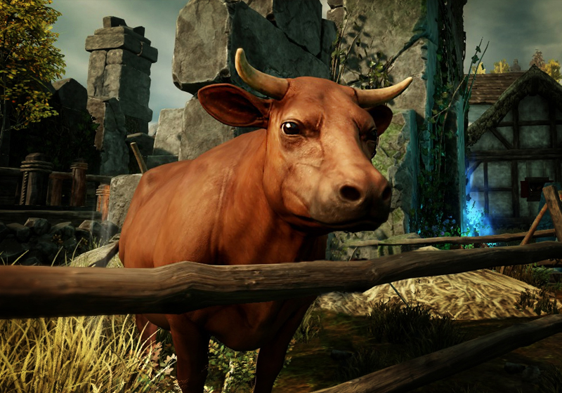 A screenshot of the cow Buttercup, standing near the fast travel shrine in Mourningdale settlement