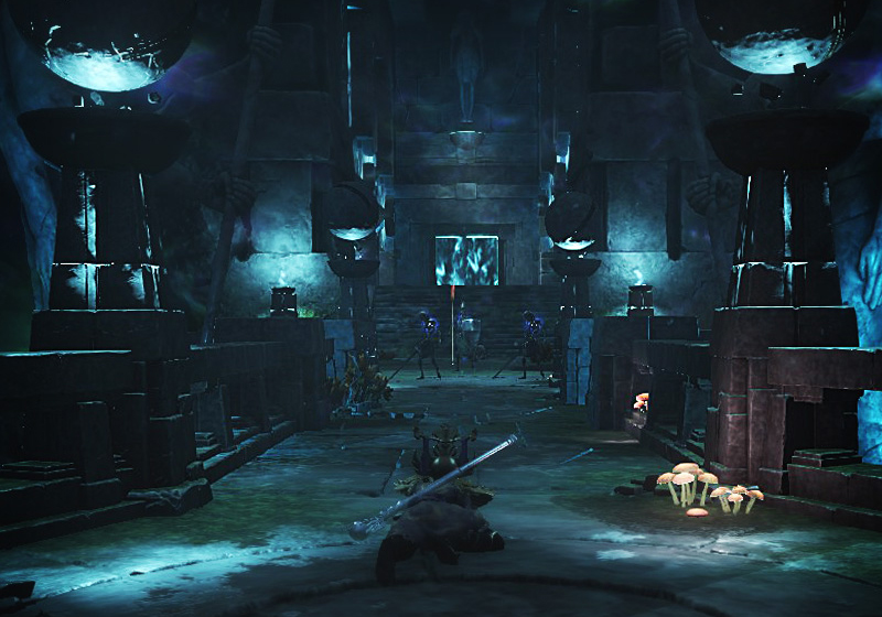 An intrepid healer lies prone in a dimly lit subterranean ruin, populated with skeletal enemies. Screenshot from the entrance of the Lazarus Instrumentality in New World.
