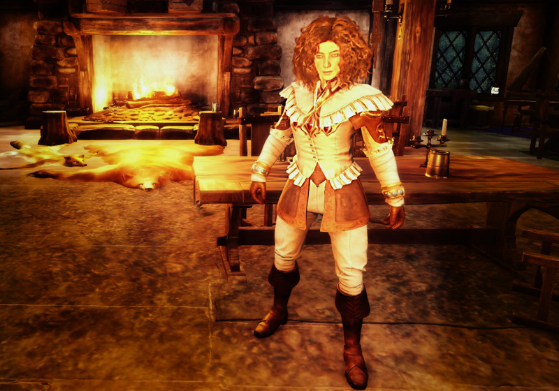 A screenshot of Fiona Murphy standing in the Monarch's Bluff tavern in New World, with a fireplace in the background.