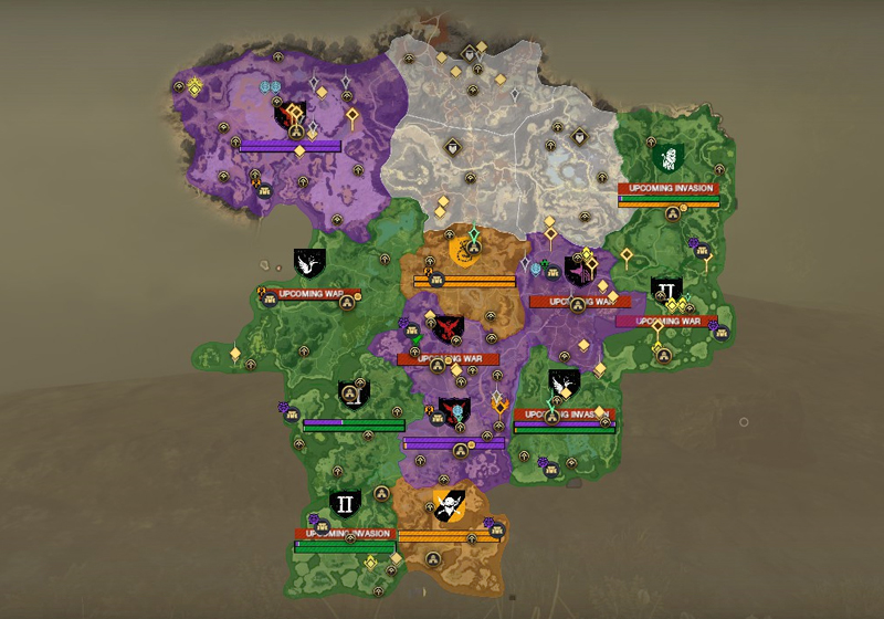 A screenshot of the map of Aeternum on the Delos server, showing faction control. There are 4 purple territories, 2 yellow and 6 green.