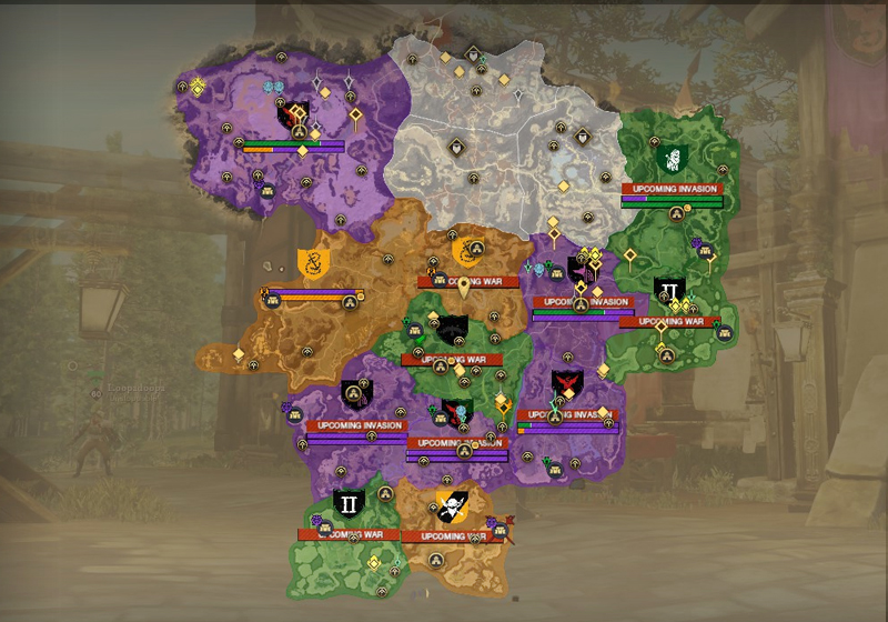 A screenshot of the map of Aeternum on the Delos server, showing faction control. There are 5 purple territories, 3 yellow and 4 green.
