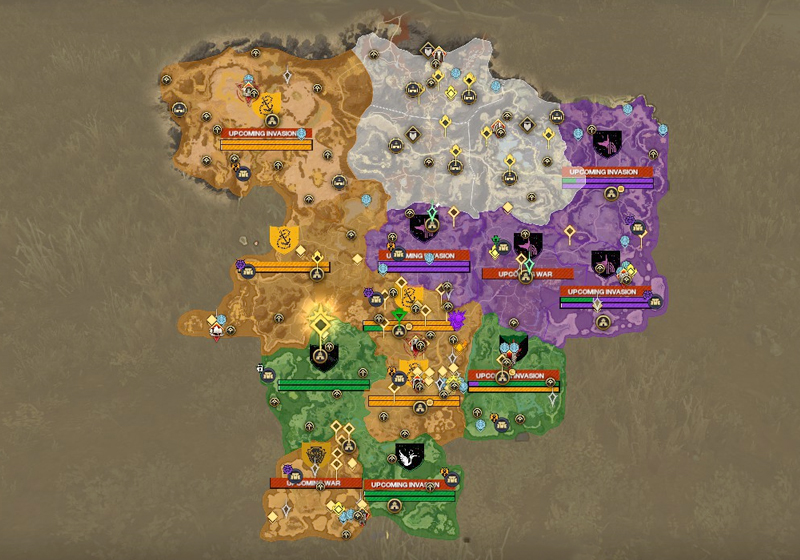 A screenshot of the map of Aeternum on the Delos server, showing faction control. There are 4 purple territories, 5 yellow and 3 green.