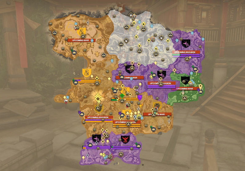 A screenshot of the map of Aeternum on the Delos server, showing faction control. There are 5 purple territories, 6 yellow and 1 green.