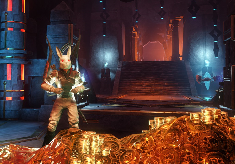 A character with a bunny head standing on the gold pile at the end of the dungeon