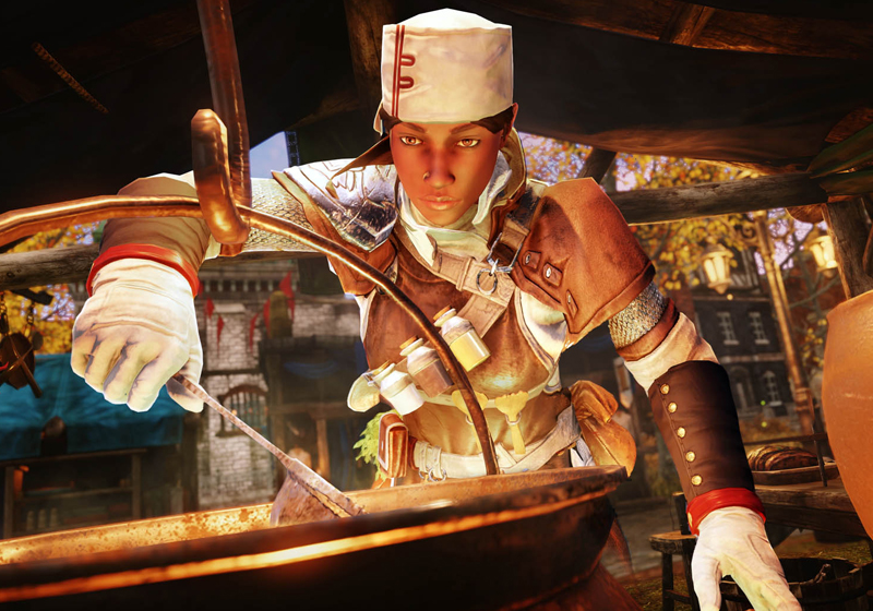 A close up shot of an avatar dressed in chef clothing at the kitchen crafting station