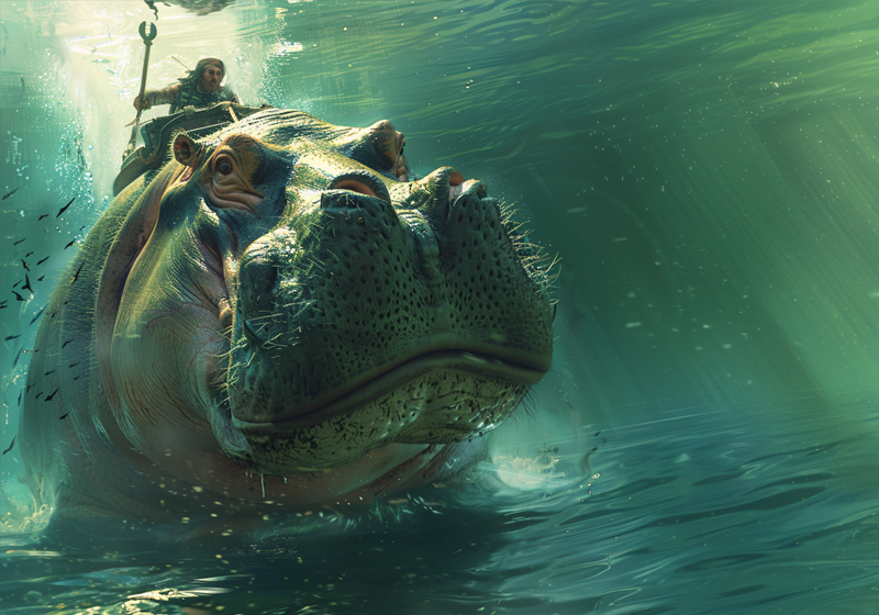 AI artist's impression of a swimming hippo with a ride