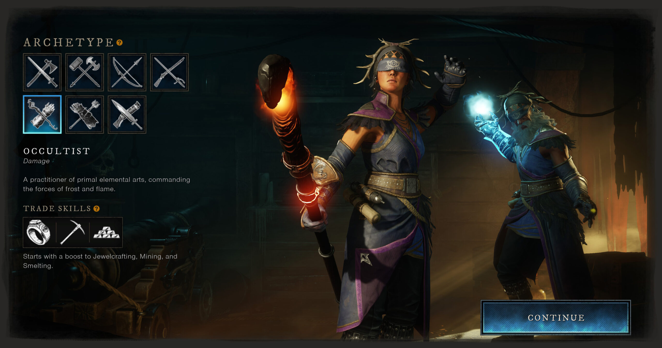 The archetype selection screen with Occultist selected