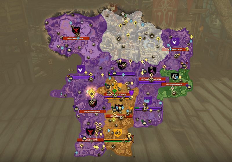 A screenshot of the map of Aeternum on the Delos server, showing faction control. There are 8 purple territories, 3 yellow and 1 green.