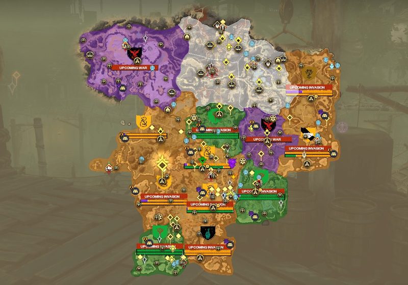 A screenshot of the map of Aeternum on the Delos server, showing faction control. There are 2 purple territories, 7 yellow and 3 green.