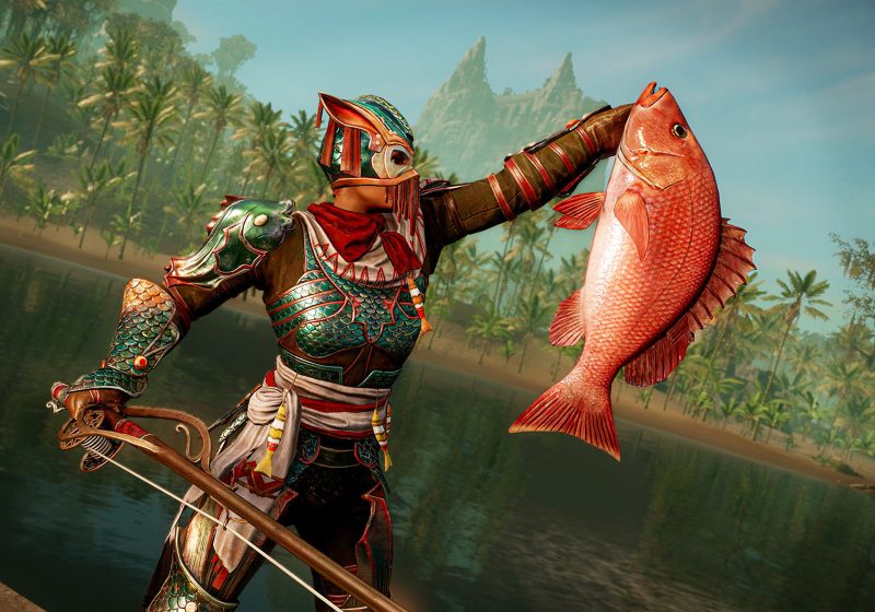 A character proudly holds up an orange fish