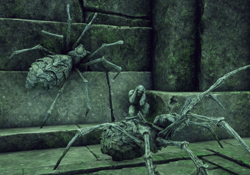 A human form cowers between giant spiders