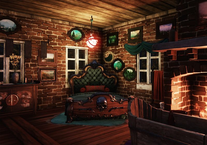 A screenshot of the interior of player housing in New World, featuring a Maritime Captain's bed, Captain's bathtub by the fireplace and an arrangement of paintings and decorations to give a homely feel.