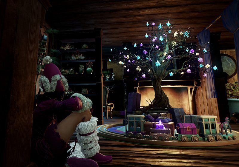 a female avatar dressed in fur trimmed christmas-themed clothing, watching a toy train go around a christmas tree