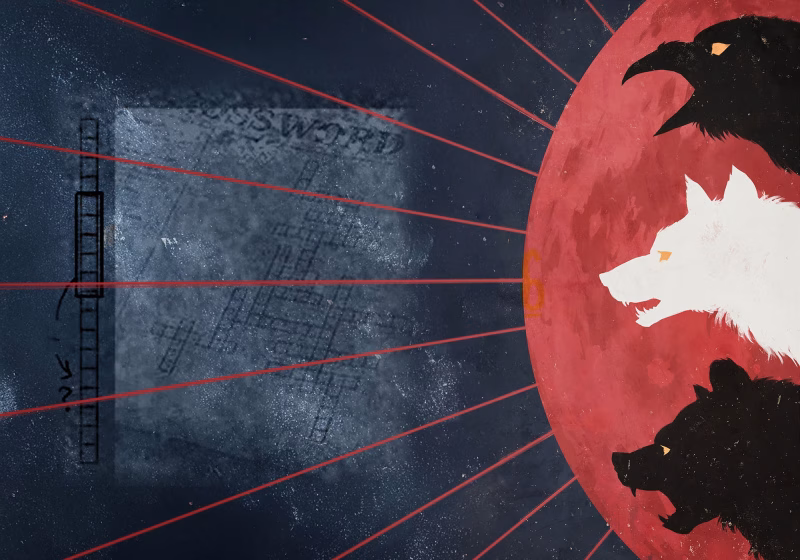 A collage of he moon tarot card and the crossword clue