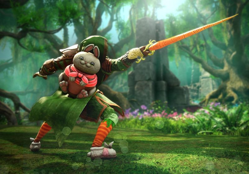 A player dressed in bunny slippers and carrot socks, carrying a rabbit backpack and wielding a carrot rapier